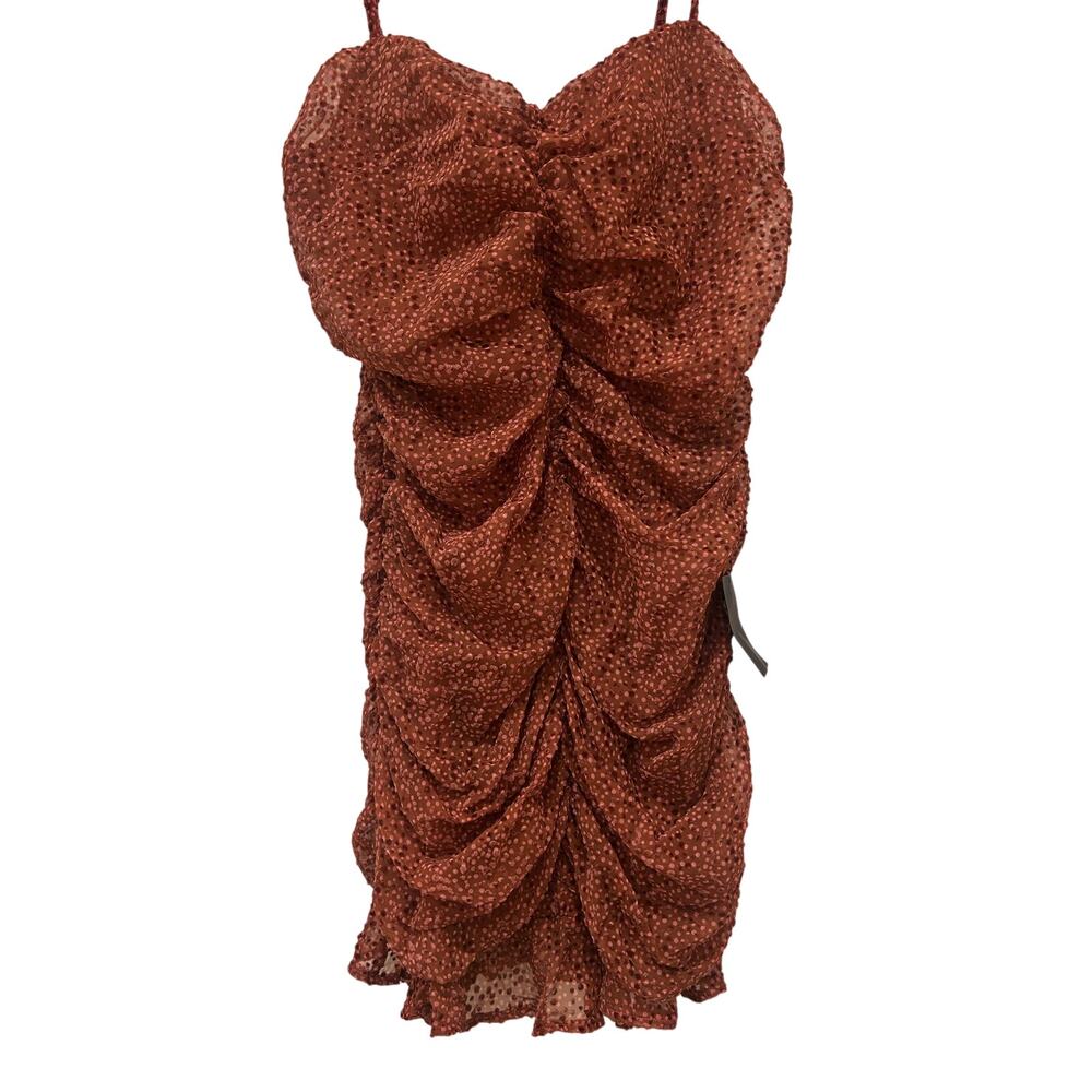 Lulus Ruched Mini Dress Textured Polka Dot Romantic Rust NWT M